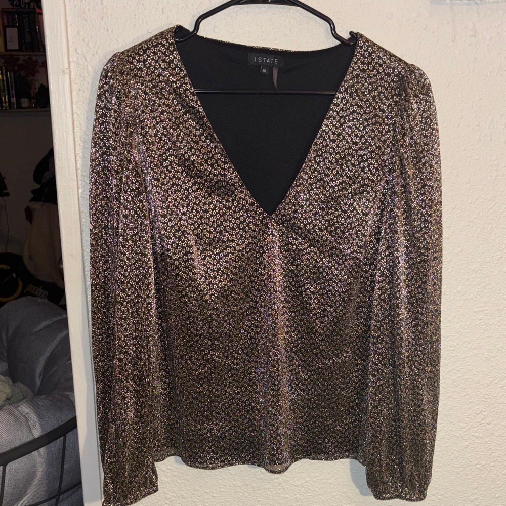 1. State XL Black and Gold V-Neck Blouse With Mesh Sleeves